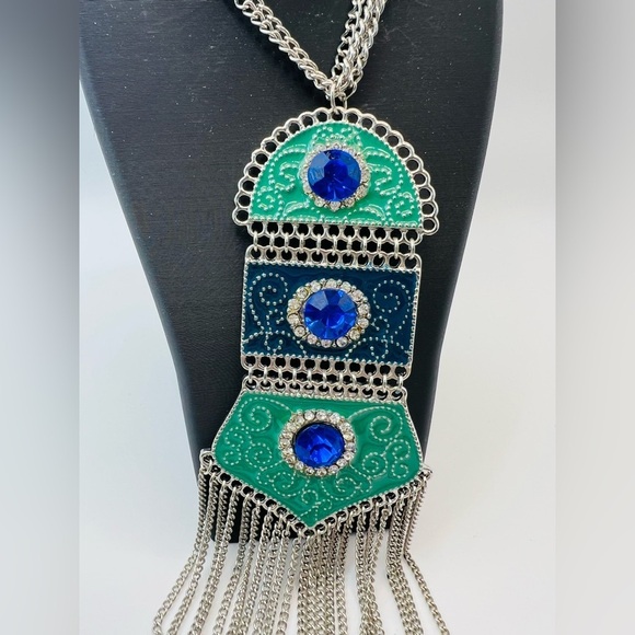 Jewelry - Vintage Boho Fringe Necklace Silver Tone Blue Rhinestone Enamel Statement